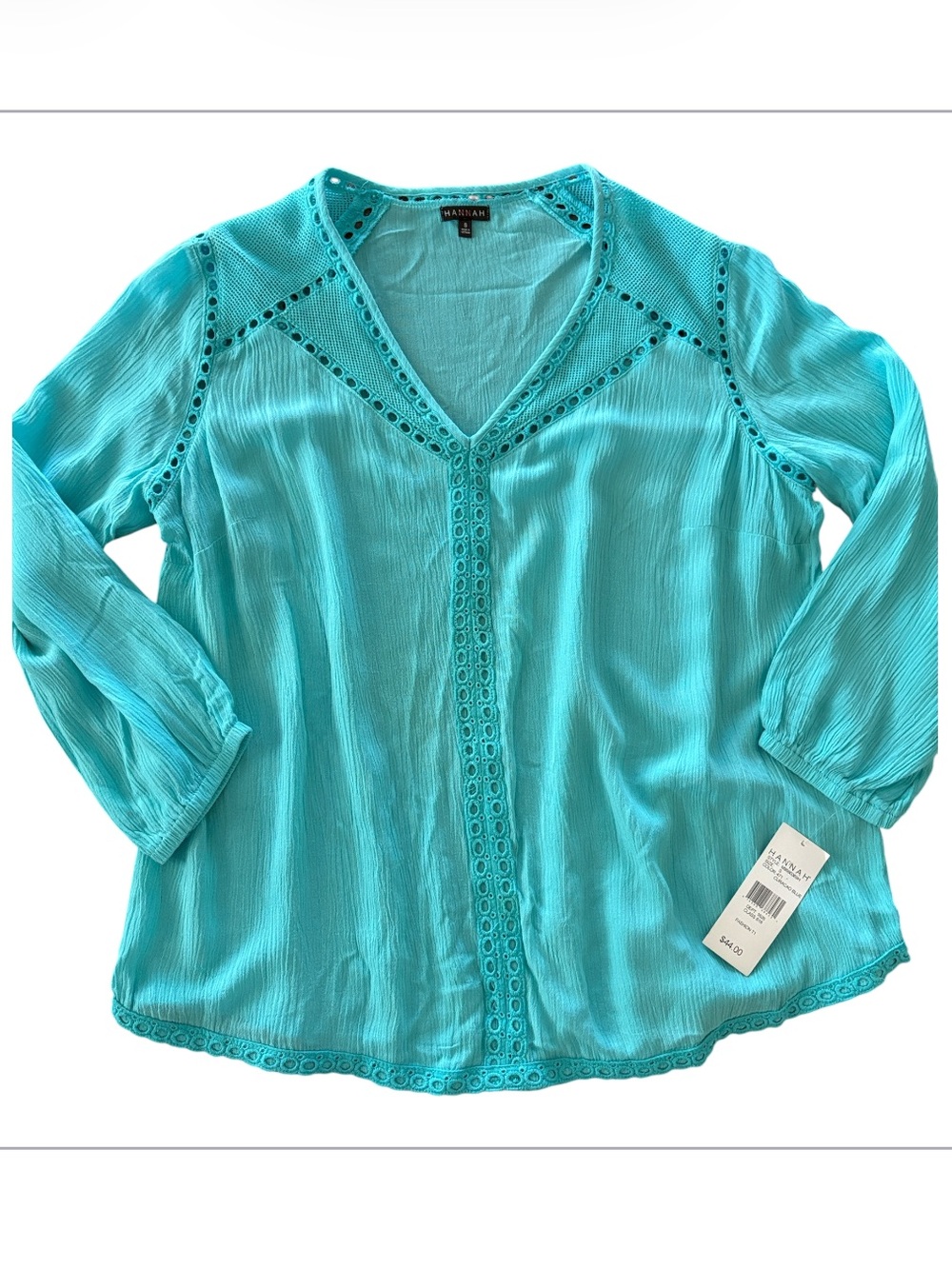 NWT Hannah Curacao Blue Eyelet Trim Crinkle Boho Breezy Blouse Size Small